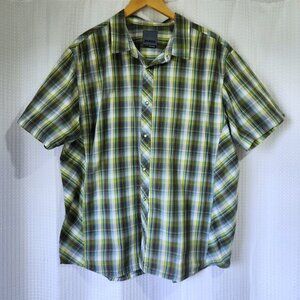 Prana Pearl Snap Shirt Men's XL Short Sleeve Shirt Green Plaid Organic Cotton